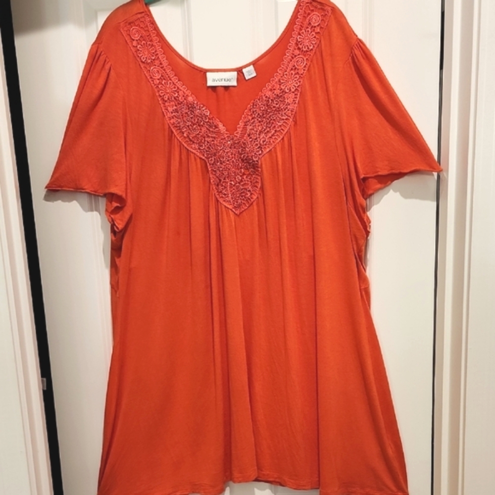 Avenue Orange Peasant Style Top With Lace And Adornments Around The Collar 22/24